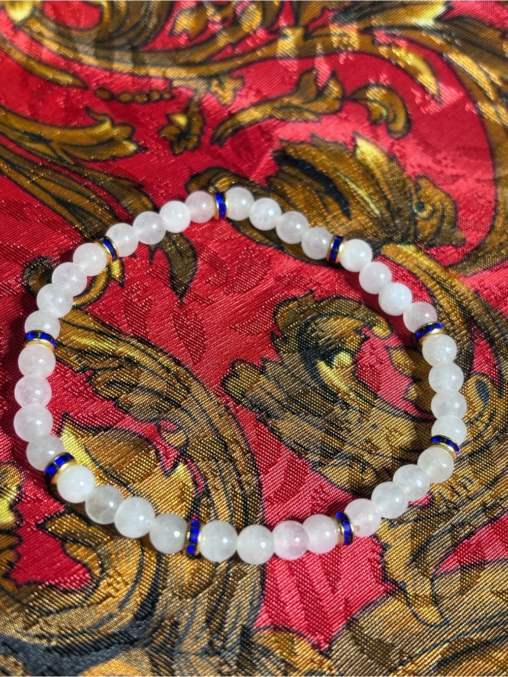 White Jade Stretch Bracelet with Blue Rhinestone Accents